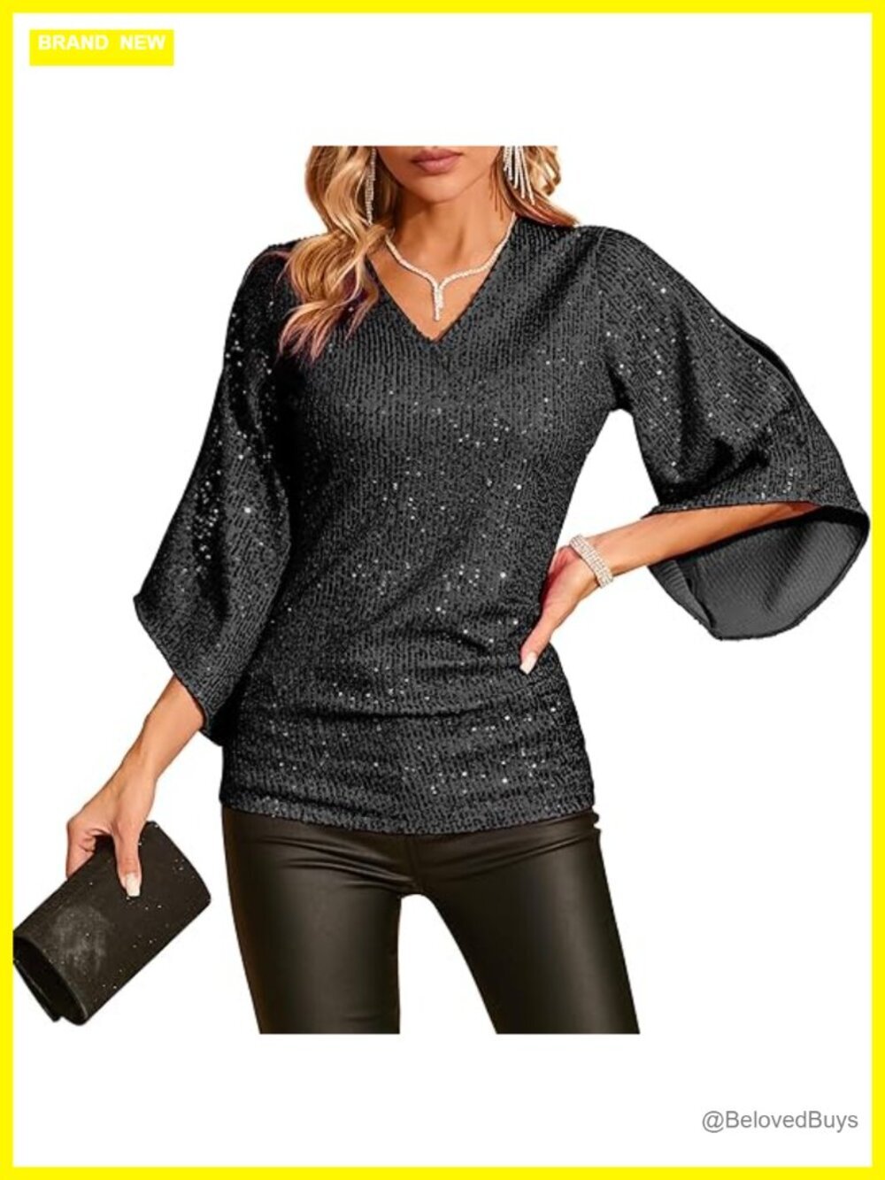 Sequin Top 3/4 Sleeve V-Neck Sparkly Shirt Dressy Blouse Party Night